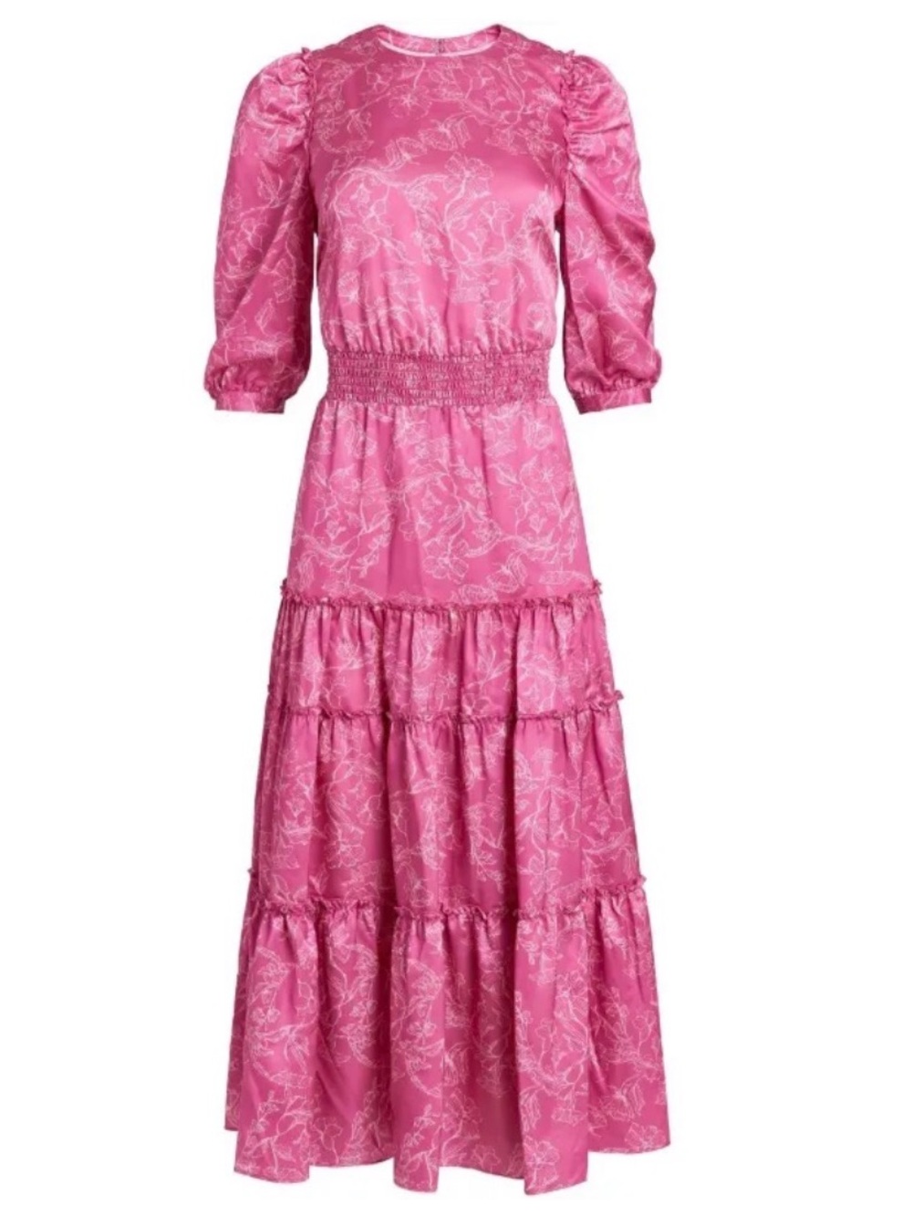 Marchesa Notte Pink Floral Tiered Maxi Dress with Smocked Waist